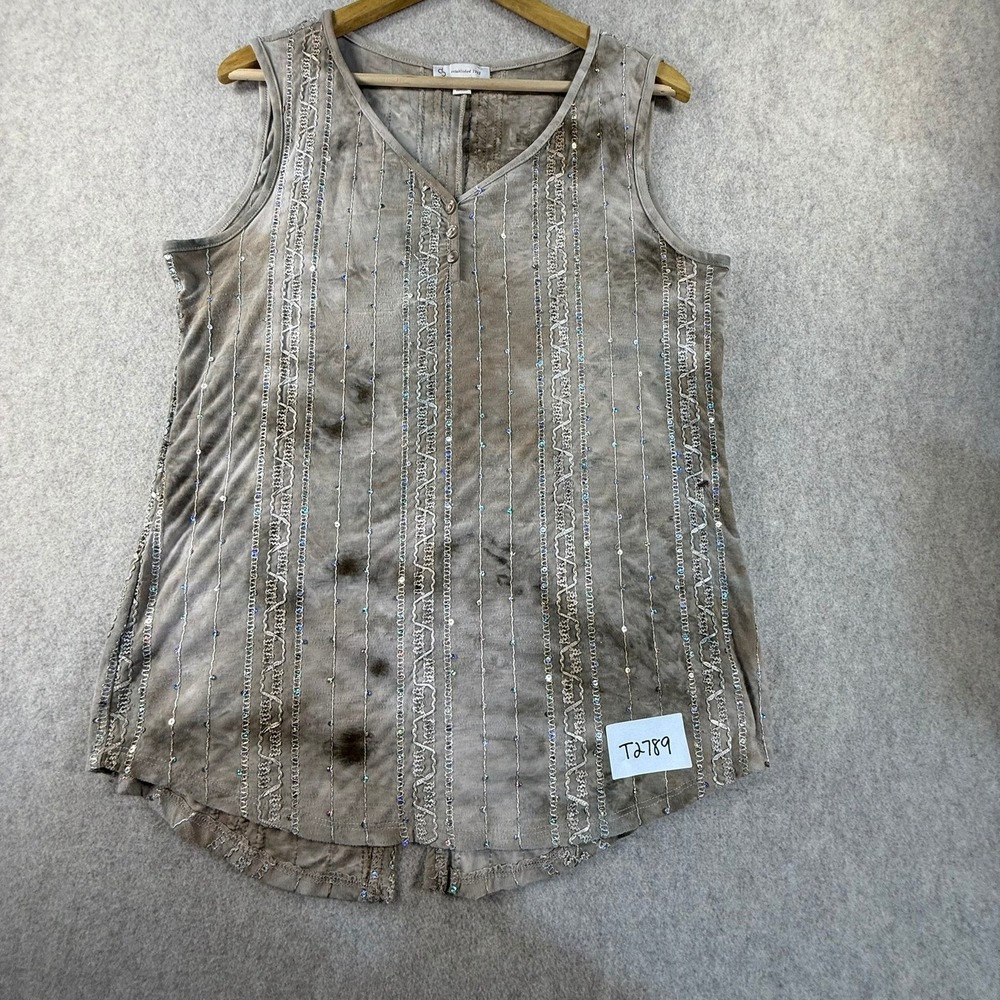 CJ Banks Womens Medium Brown Tie Dye Sequin Embroidered Henley Sleeveless Top